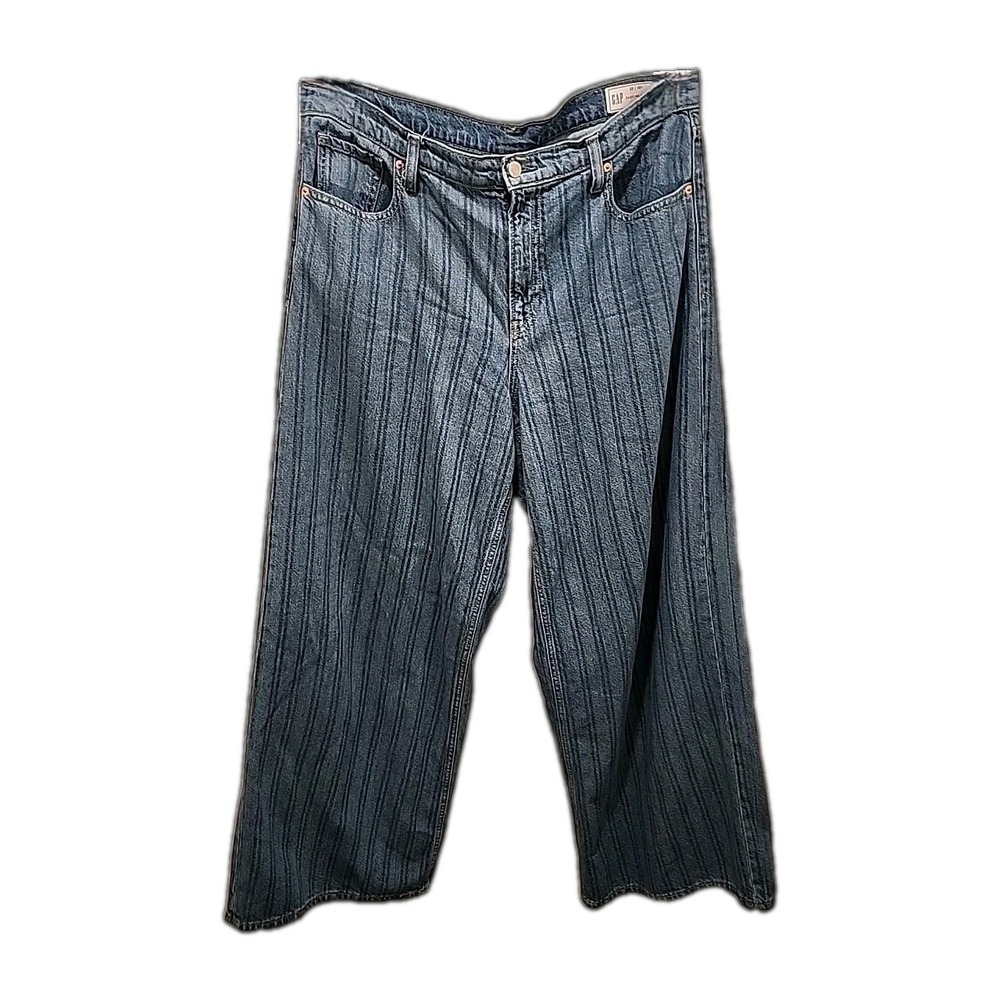 Gap Sz 16 L 33 Baggy Mid Rise Ultra Soft Denim Stripe Jeans Medium Wash Wide Leg